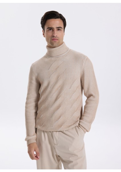 Tam Balıkçı Yaka Slim Fit Jakarlı Vizon Erkek Kazak F5WM-KZK 2296