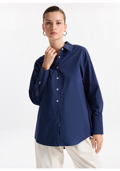Loose Fit Gömlek Yaka Düz Lacivert Kadın Gömlek F5WL-GML0105