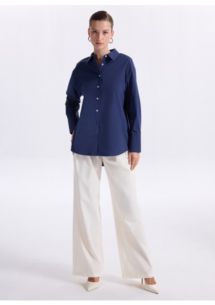 Loose Fit Gömlek Yaka Düz Lacivert Kadın Gömlek F5WL-GML0105 fiyatları