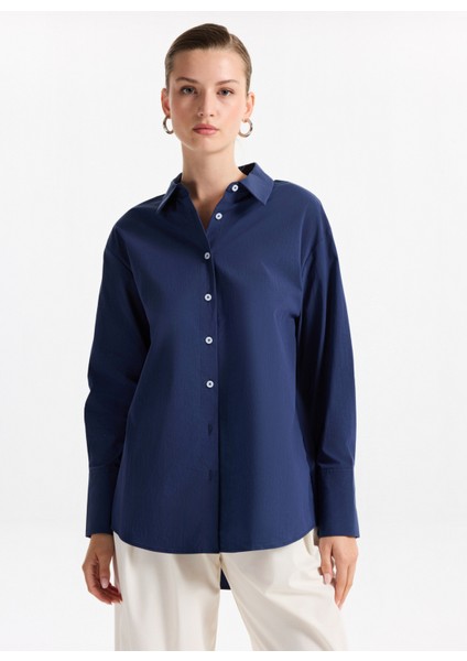 Loose Fit Gömlek Yaka Düz Lacivert Kadın Gömlek F5WL-GML0105 modelleri