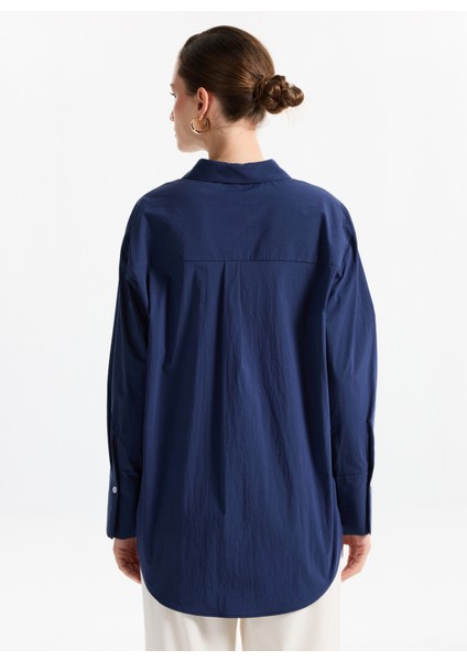 Loose Fit Gömlek Yaka Düz Lacivert Kadın Gömlek F5WL-GML0105 indirimleri