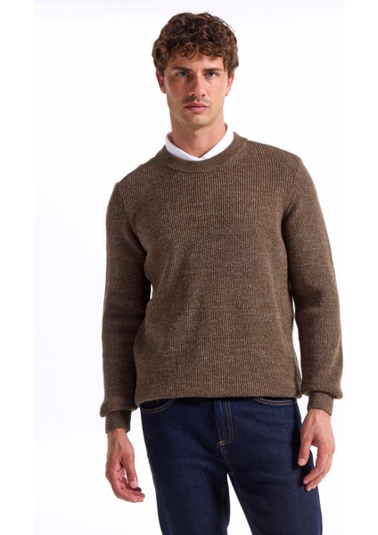 Bisiklet Yaka Regular Fit Düz Haki Melanj Erkek Kazak FC4WM-KZK 2599.