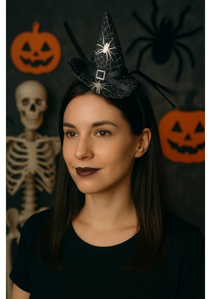 Cadı Şapkalı Halloween Parti Tacı Tüllü Siyah Cadılar Bayramı Aksesuarı