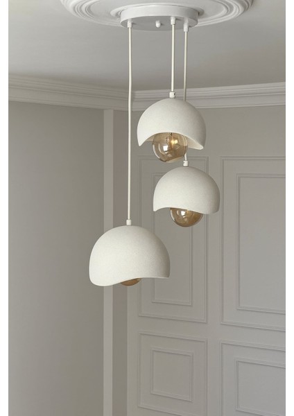 Ampul Hediyeli 3'lü Beyaz Tepsili Beton Görünümlü Iskandinav Bohem Modern Salon Mutfak Ofis Avize