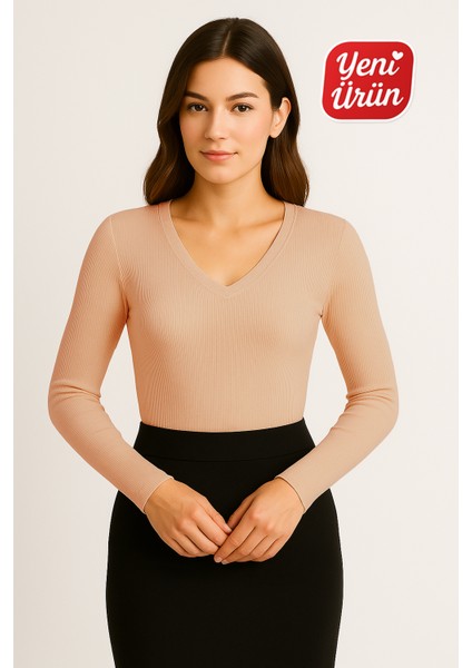V Yaka Uzun Kol Fitilli Bluz