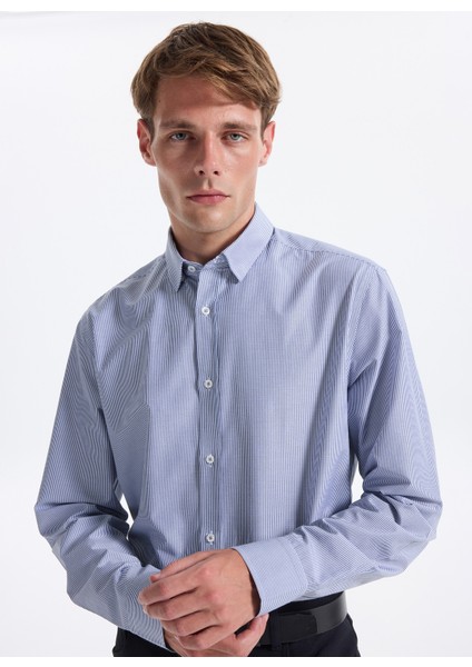 Slim Fit Alttan Britli Yaka Çizgili Koyu Mavi Erkek Gömlek Maydos-Y 307