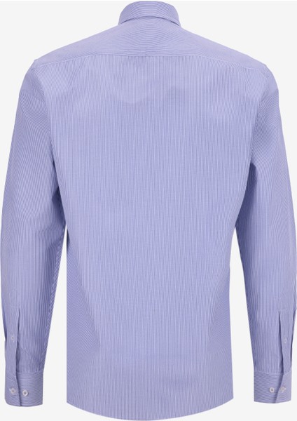 Slim Fit Alttan Britli Yaka Çizgili Koyu Mavi Erkek Gömlek Maydos-Y 307 modelleri