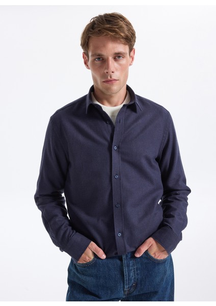 Slim Fit Gömlek Yaka Düz Lacivert Melanj Erkek Gömlek F5WM-GML 2574