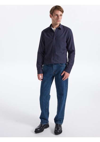 Slim Fit Gömlek Yaka Düz Lacivert Melanj Erkek Gömlek F5WM-GML 2574 fiyatları