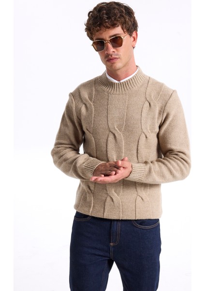 Bisiklet Yaka Slim Fit Saç Örgü Desenli Haki Erkek Kazak F5WM-KZK 2314