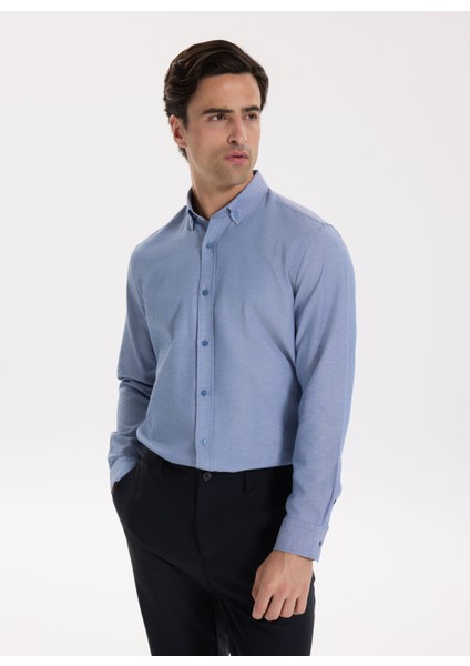 Slim Fit Düğmeli Yaka Armürlü Mavi Erkek Gömlek Maydos-Y 430