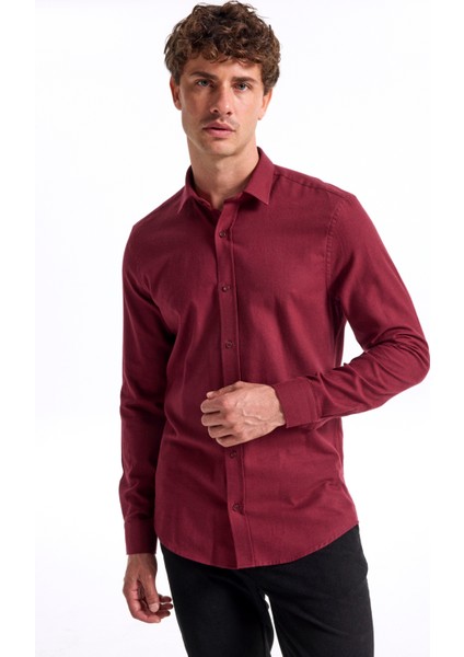 Slim Fit Gömlek Yaka Düz Bordo Erkek Gömlek F5WM-GML 2574