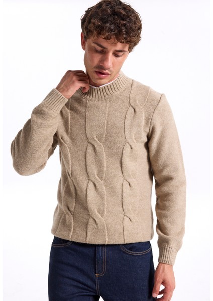 Bisiklet Yaka Slim Fit Saç Örgü Desenli Haki Erkek Kazak F5WM-KZK 2314 fırsatları