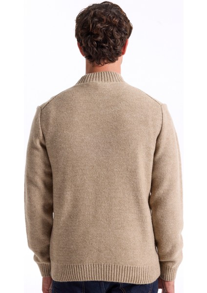 Bisiklet Yaka Slim Fit Saç Örgü Desenli Haki Erkek Kazak F5WM-KZK 2314