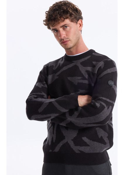 D5WM-KZK3787 Siyah - Antrasit Bisiklet Yaka Relaxed Desenli Erkek Kazak