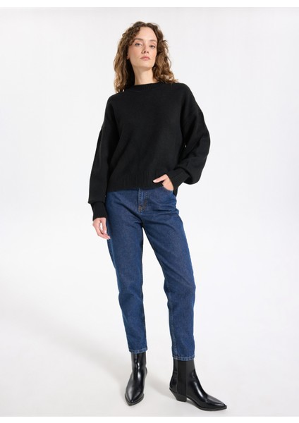 Bisiklet Yaka Loose Fit Düz Örgü Desenli Siyah Kazak Kadın J5WL-KZK7153 modelleri