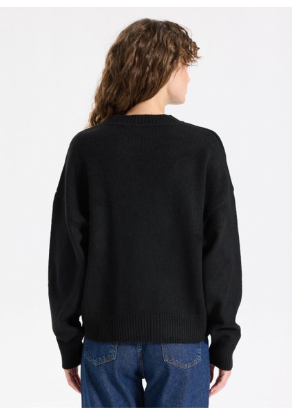 Bisiklet Yaka Loose Fit Düz Örgü Desenli Siyah Kazak Kadın J5WL-KZK7153 indirimleri