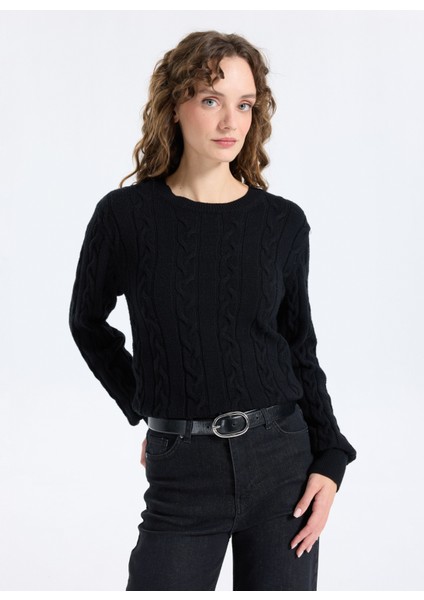 Bisiklet Yaka Basic Saç Örgü Desenli Siyah Kazak Kadın J5WL-KZK7128