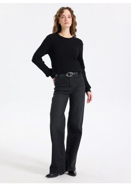 Bisiklet Yaka Basic Saç Örgü Desenli Siyah Kazak Kadın J5WL-KZK7128 fiyatları