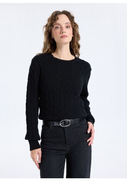 Bisiklet Yaka Basic Saç Örgü Desenli Siyah Kazak Kadın J5WL-KZK7128 modelleri