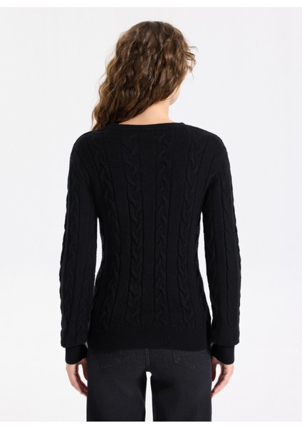 Bisiklet Yaka Basic Saç Örgü Desenli Siyah Kazak Kadın J5WL-KZK7128 indirimleri