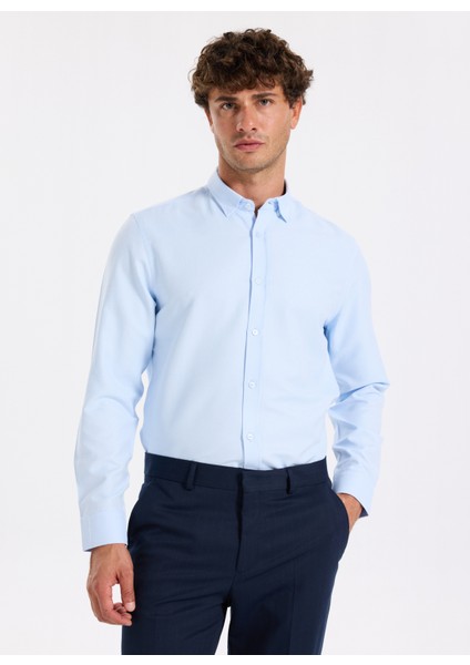 Slim Fit Alttan Britli Yaka Armürlü Açık Mavi Erkek Gömlek Maydos-Y 404