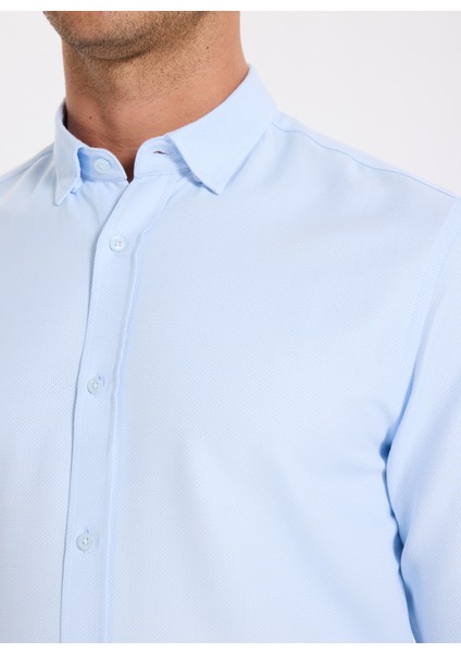 Slim Fit Alttan Britli Yaka Armürlü Açık Mavi Erkek Gömlek Maydos-Y 404 fırsatları