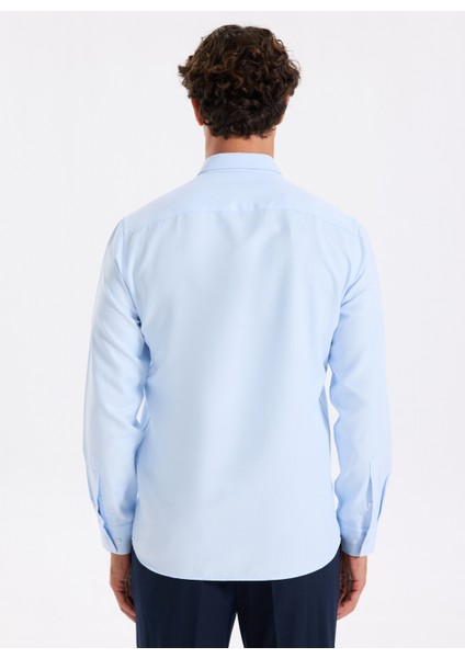 Slim Fit Alttan Britli Yaka Armürlü Açık Mavi Erkek Gömlek Maydos-Y 404 indirimleri
