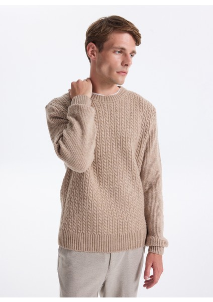 Bisiklet Yaka Relaxed Saç Örgü Desenli Vizon Erkek Kazak F5WM-KZK 2322