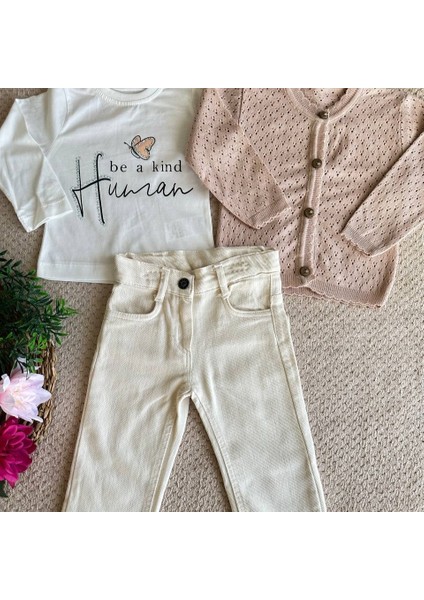 Kız Çocuk Hırkalı Trikolu Takım - Pudra