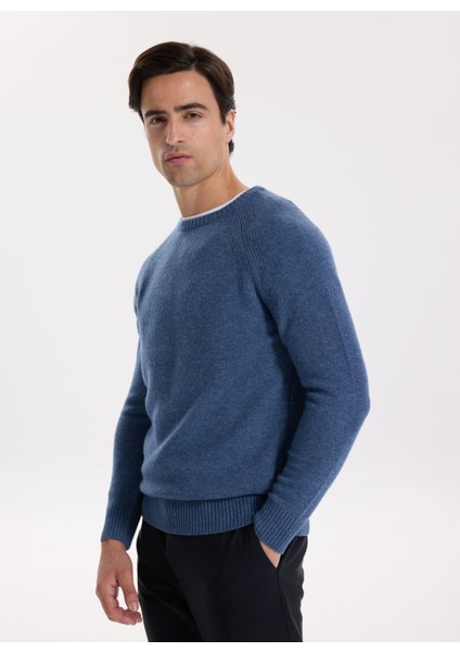 Bisiklet Yaka Slim Fit Düz Indigo Erkek Kazak F5WM-KZK 2331