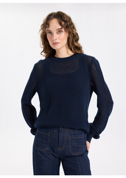 Bisiklet Yaka Relaxed Ajurlu Lacivert Kazak Kadın J5WL-KZK7003