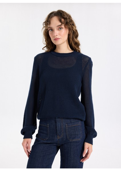 Bisiklet Yaka Relaxed Ajurlu Lacivert Kazak Kadın J5WL-KZK7003 modelleri