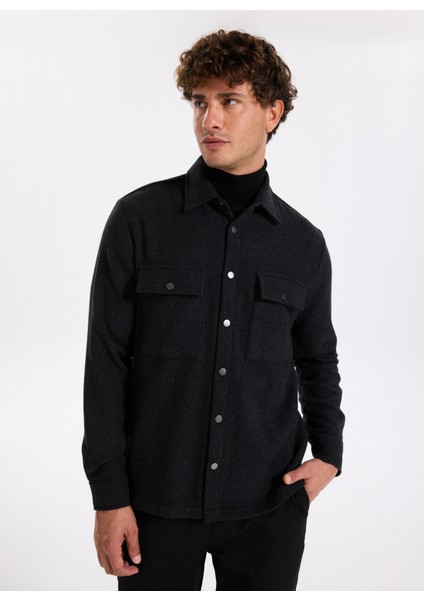 Siyah Erkek Düz Relaxed Gömlek Ceket F5WM-GML 2413
