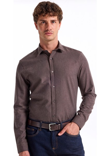 Slim Fit Gömlek Yaka Düz Kahve Erkek Gömlek F5WM-GML 2574