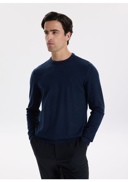 Bisiklet Yaka Slim Fit Düz Lacivert Erkek Kazak F5WM-KZK 2883