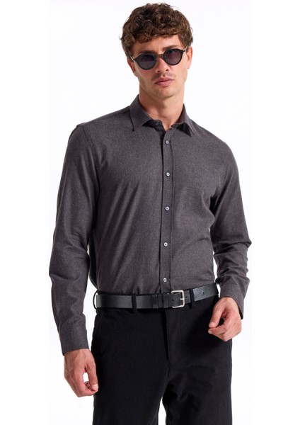Slim Fit Gömlek Yaka Düz Antrasit Melanj Erkek Gömlek F5WM-GML 2574