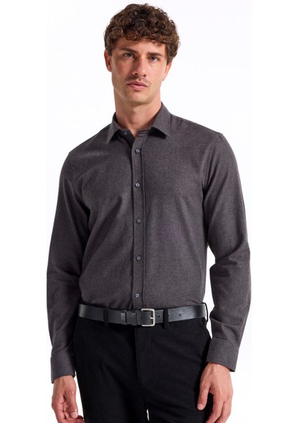 Slim Fit Gömlek Yaka Düz Antrasit Melanj Erkek Gömlek F5WM-GML 2574 modelleri
