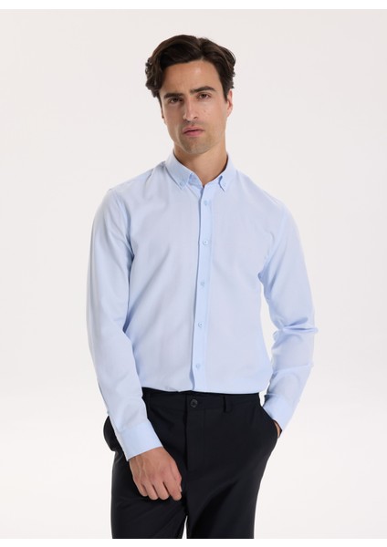 Slim Fit Düğmeli Yaka Armürlü Açık Mavi Erkek Gömlek Maydos-Y 430