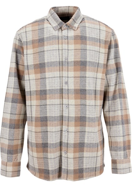 Regular Fit Düğmeli Yaka Ekose Bej - Gri Erkek Gömlek F5WM-GML 2760 fiyatları