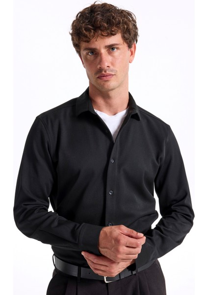 Slim Fit Gömlek Yaka Düz Siyah Erkek Gömlek F5WM-GML 2421