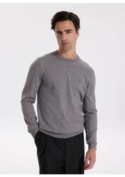 Bisiklet Yaka Slim Fit Düz Gri Melanj Erkek Kazak F5WM-KZK 2883