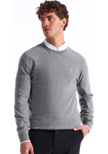 Bisiklet Yaka Slim Fit Düz Gri Erkek Kazak F5WM-KZK 2318