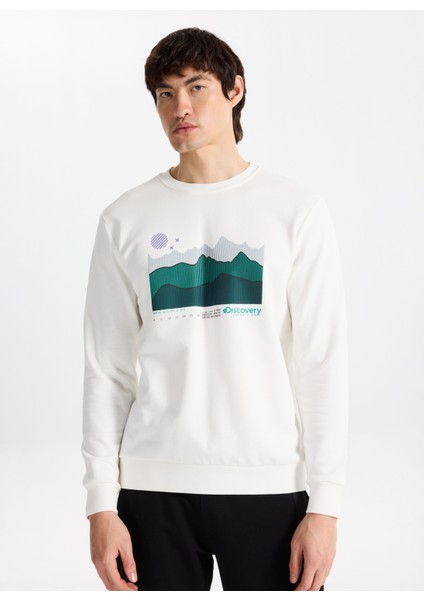 D5WM-SWT3882 Kırık Beyaz Bisiklet Yaka Relaxed Baskılı Erkek Sweatshırt modelleri