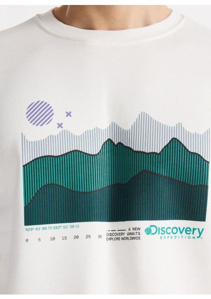 D5WM-SWT3882 Kırık Beyaz Bisiklet Yaka Relaxed Baskılı Erkek Sweatshırt fırsatları