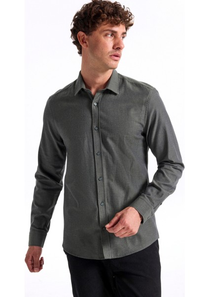 Slim Fit Gömlek Yaka Düz Haki Erkek Gömlek F5WM-GML 2574