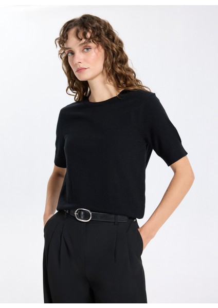 Bisiklet Yaka Basic Düz Örgü Desenli Siyah Kazak Kadın J5WL-KZK7130