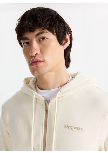 D5WM-SWT3824 Krem Kapüşon Yaka Relaxed Düz Erkek Sweatshırt modelleri