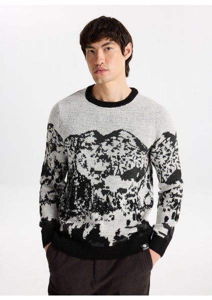 D5WM-KZK3790 Siyah - Ekru Bisiklet Yaka Relaxed Desenli Erkek Kazak modelleri