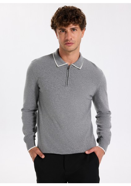 Polo Yaka Slim Fit Düz Gri Melanj Erkek Kazak F5WM-KZK 2319